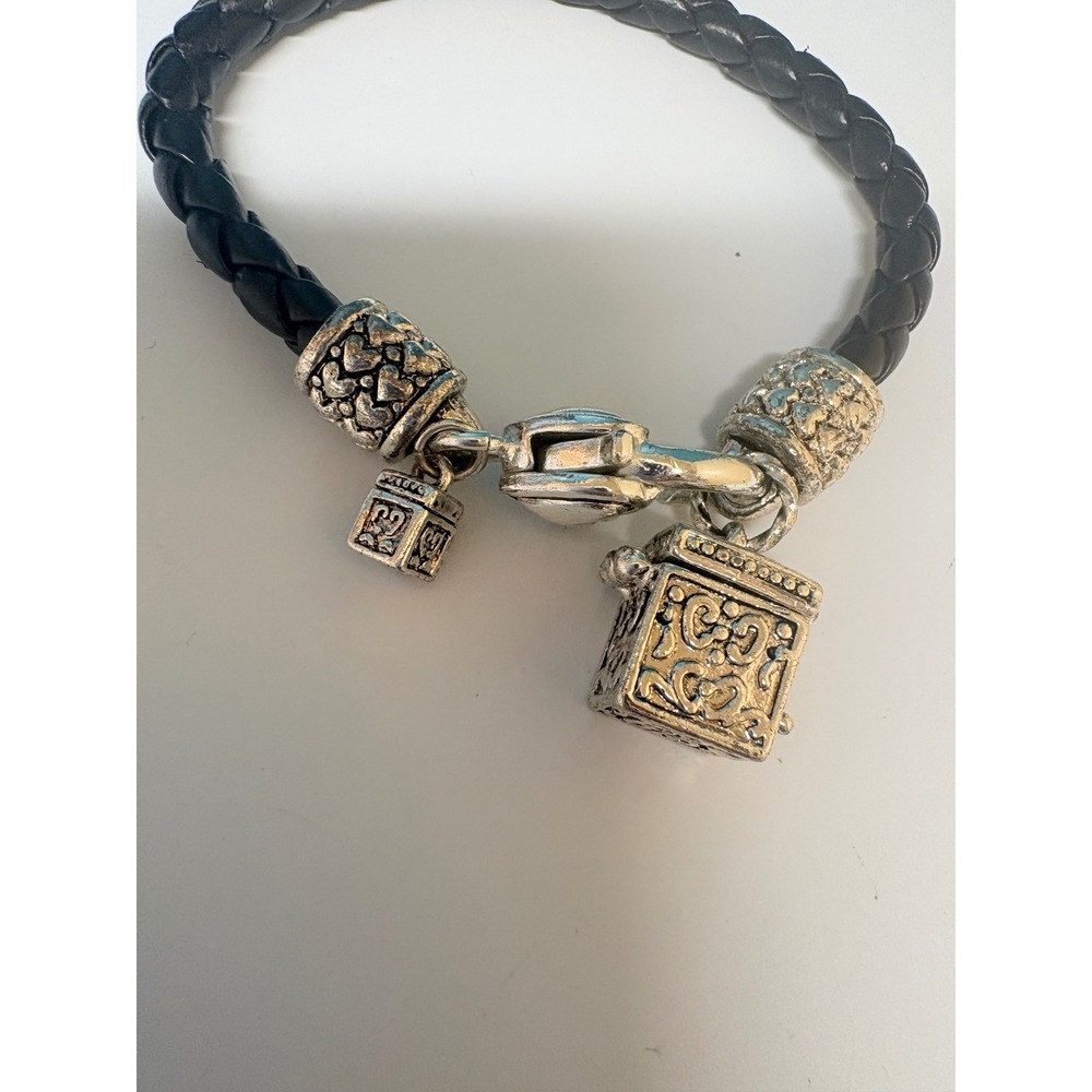 Brighton Black Braided Leather Charm Bracelet Silver Heart Clasp Filigree Locket